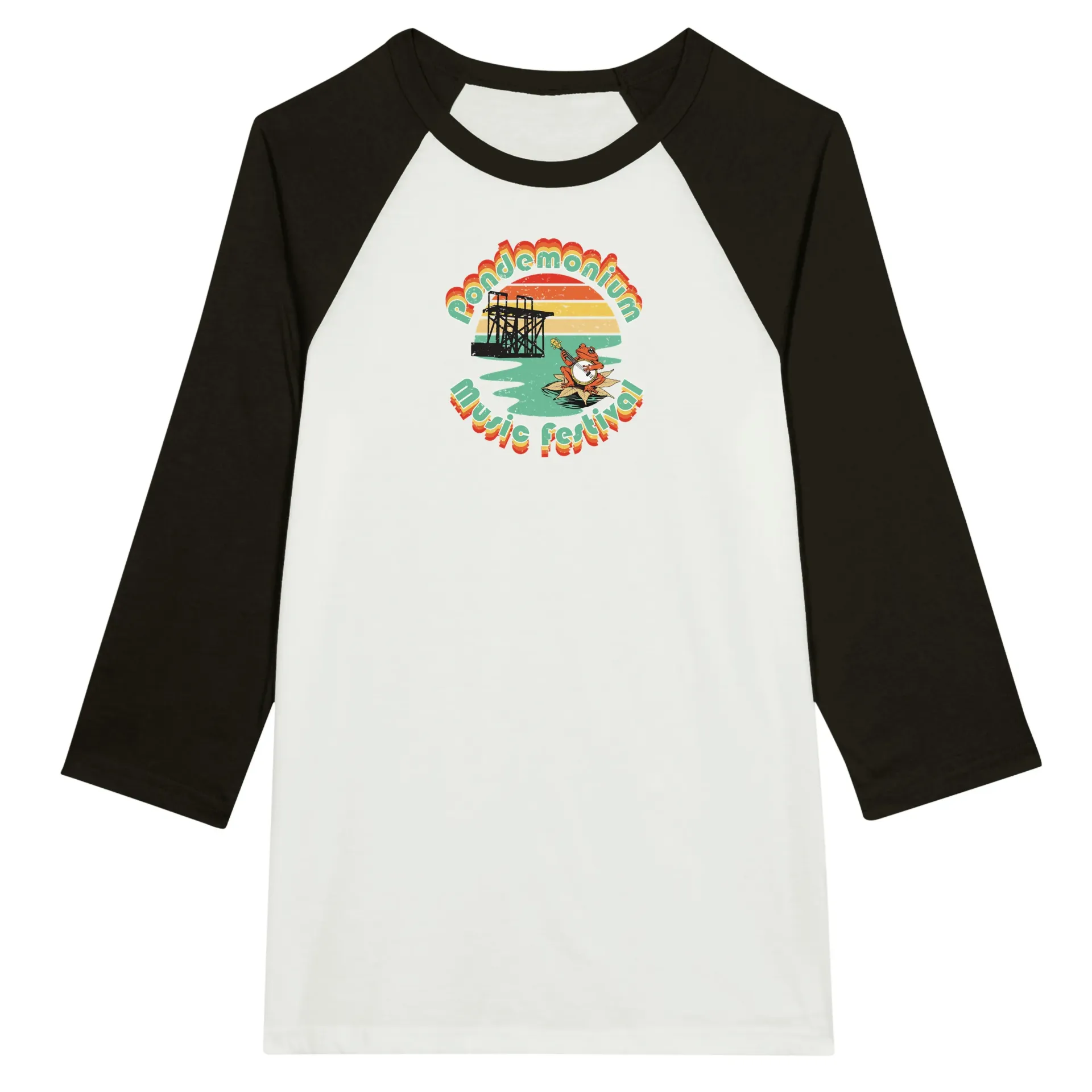 Pondemonium Unisex 3/4 sleeve Raglan T-shirt (White and Black, S)